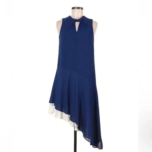 Cynthia Steffe Blue & White Estella Shift Dress Asymmetrical Hem Cocktail Size 6 - Picture 4 of 6